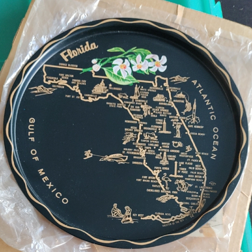 Vintage Florida State Tin Metal Tray 11” Round Gold 1960s  Souvenir